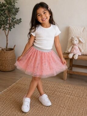 Btween Girls Pink Star Glitter Tulle Tutu Skirt 3T Silver Waist Party Twirl